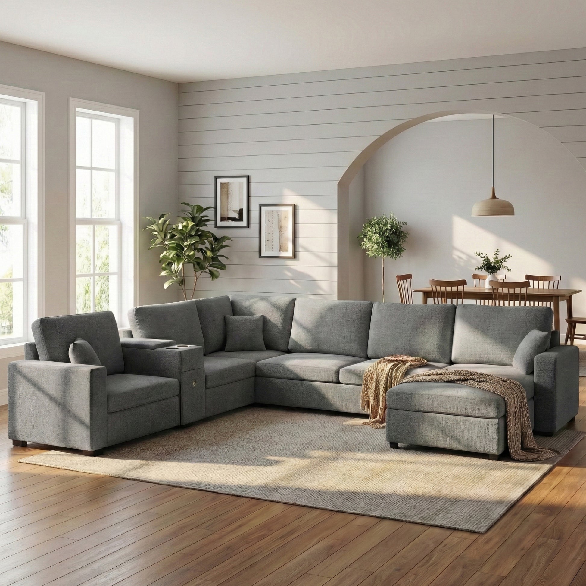5‑Seat Modular Sectional Sofa Couch, 134" U‑Shape Couch, Large Family Sofa with Chaise Lounge, Deep Seat Comfort, Built‑In Cup Holders, Storage Drawer and Pillows for Living Room, Grey