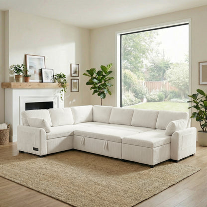 Convertible Sofa Bed 111" Sectional Sofa U-shaped Sofa with Reversible Chaise Lounge and Storage Pockets for Living Room, Beige