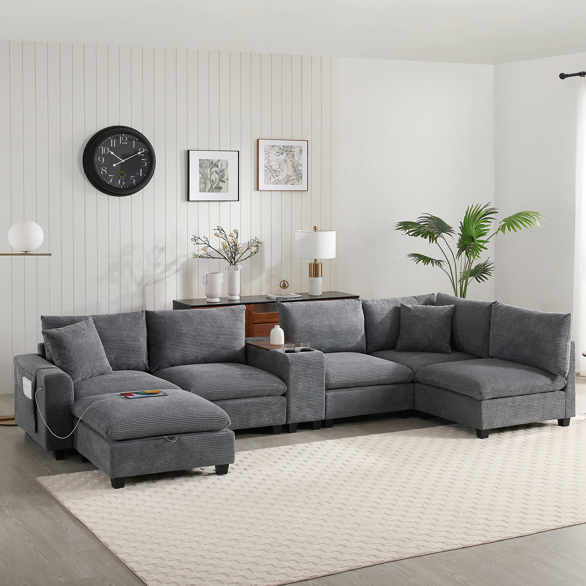 139'' U-shaped Modular Sectional Sofa with Console, Oversized L-Shaped Corduroy Couch with Wide Seat, USB Charger, Cup Holders, Movable Ottoman, Storage Pockets, 6 Seat for Living Room