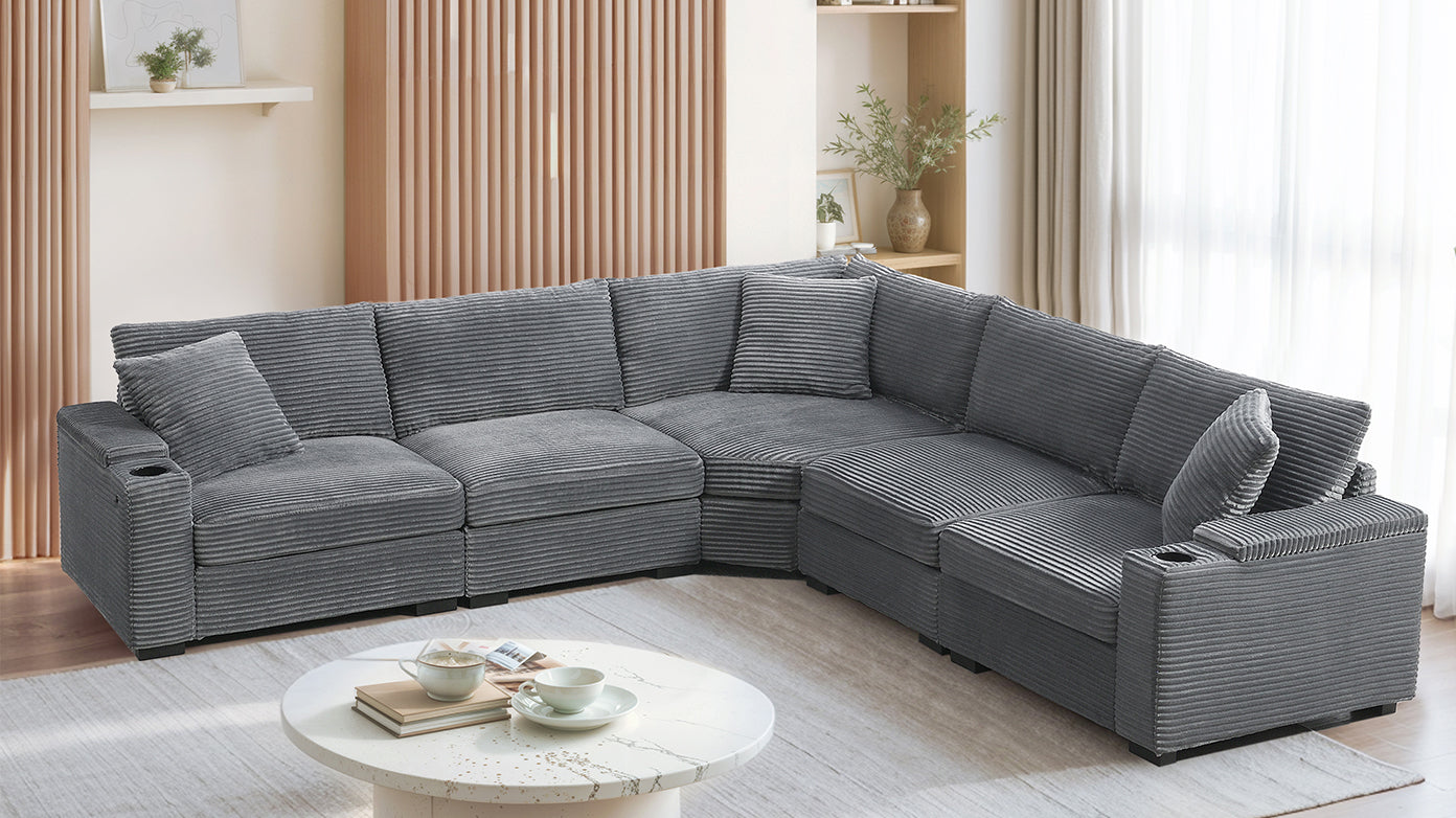 104" L-Shaped Corduroy Sectional Sofa - Storage & USB