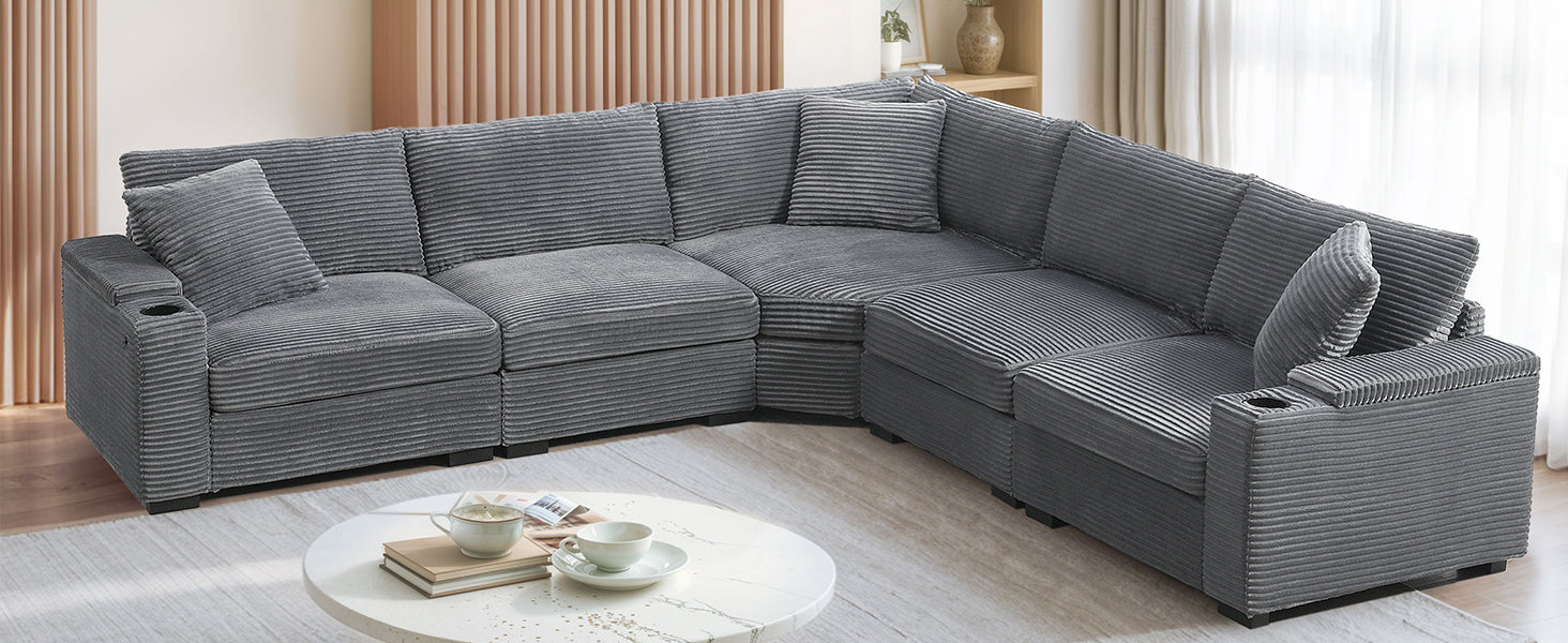 104" L-Shaped Corduroy Sectional Sofa - Storage & USB