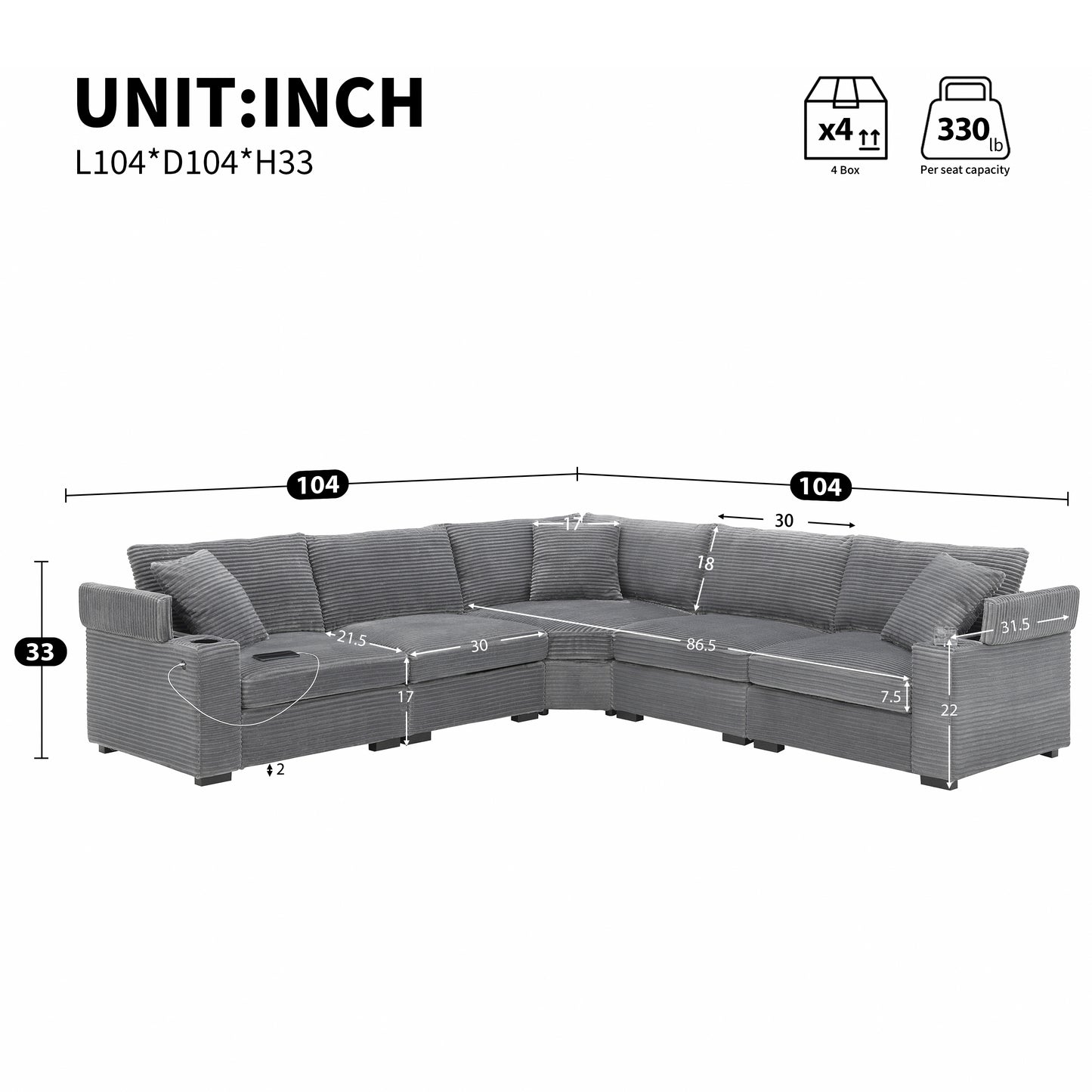 104" L-Shaped Corduroy Sectional Sofa - Storage & USB