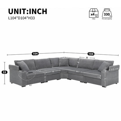 104" L-Shaped Corduroy Sectional Sofa - Storage & USB