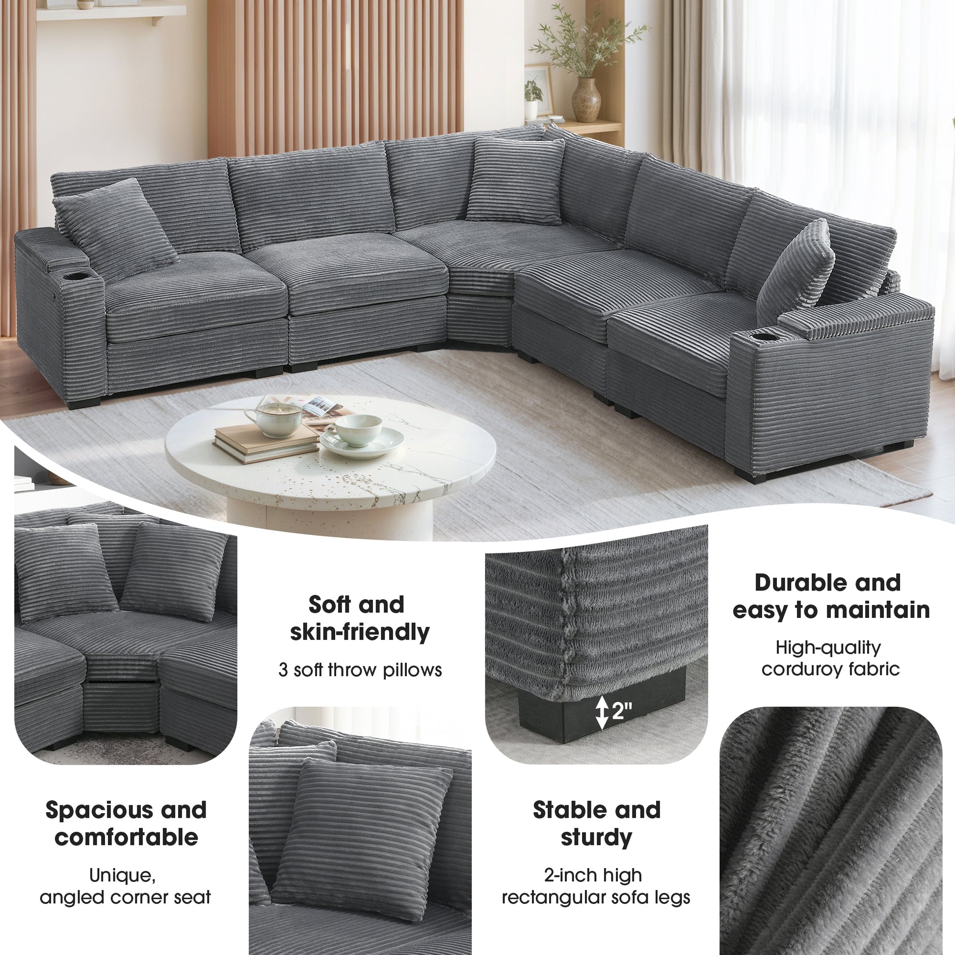 104" L-Shaped Corduroy Sectional Sofa - Storage & USB