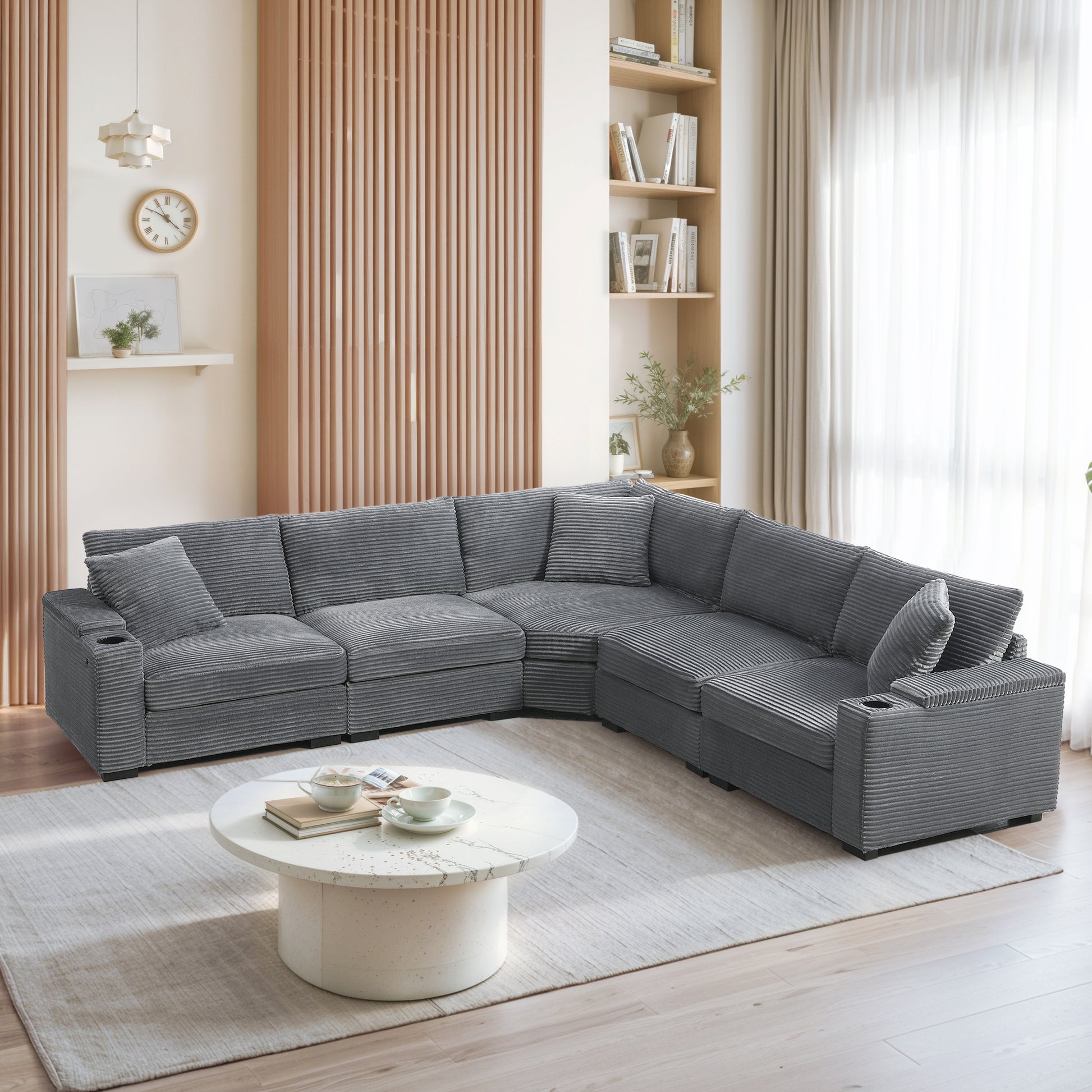 104" Convertible L-Shaped Sectional Sofa, Corduroy Corner Couch with Armrest Storage, Cup Holders, USB Charger, Irregular Corner, Oversized Comfy Modular Sofa for Living Room&Apartment