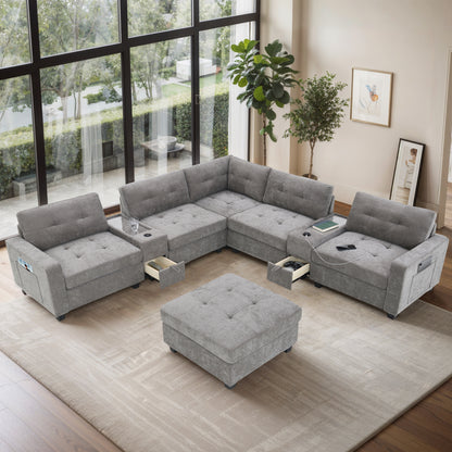 [NEW SKU of N723S0191E]104'' Sectional Sofa with Movable Ottoman, L-shaped Tufted Sofa with Storage Consoles, USB Charger, Acrylic Table Top, U-shaped Chenille Couch Set for Living Room