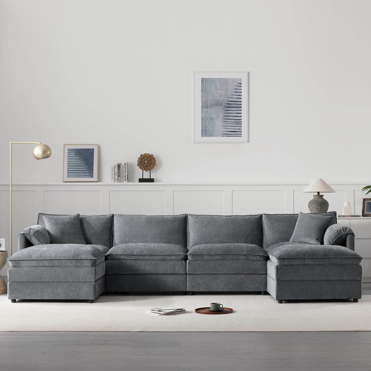 136" Dark Gray Chenille U-Shaped Sectional Sofa with Ottomans