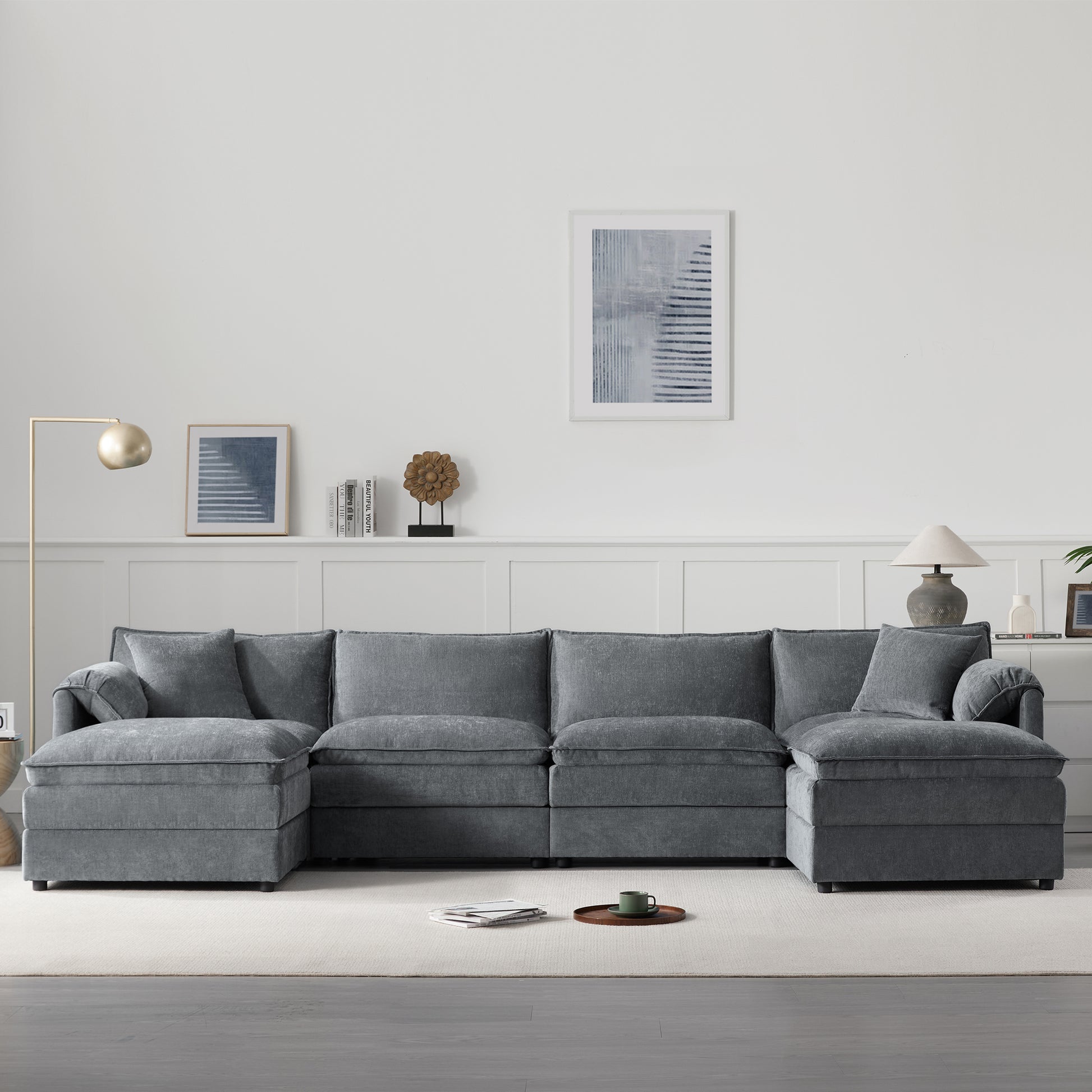 136" Dark Gray Chenille U-Shaped Sectional Sofa with Ottomans