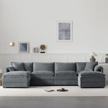 136" Dark Gray Chenille U-Shaped Sectional Sofa with Ottomans