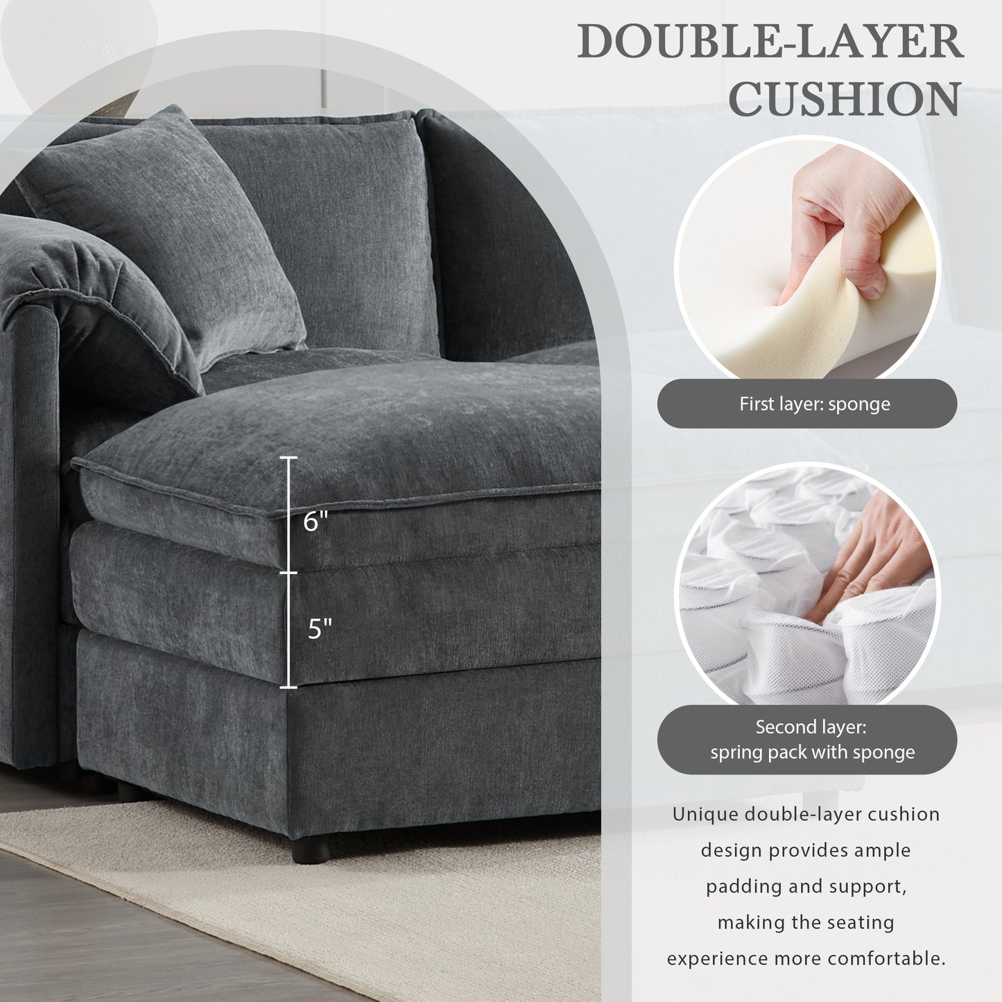 136" Dark Gray Chenille U-Shaped Sectional Sofa with Ottomans