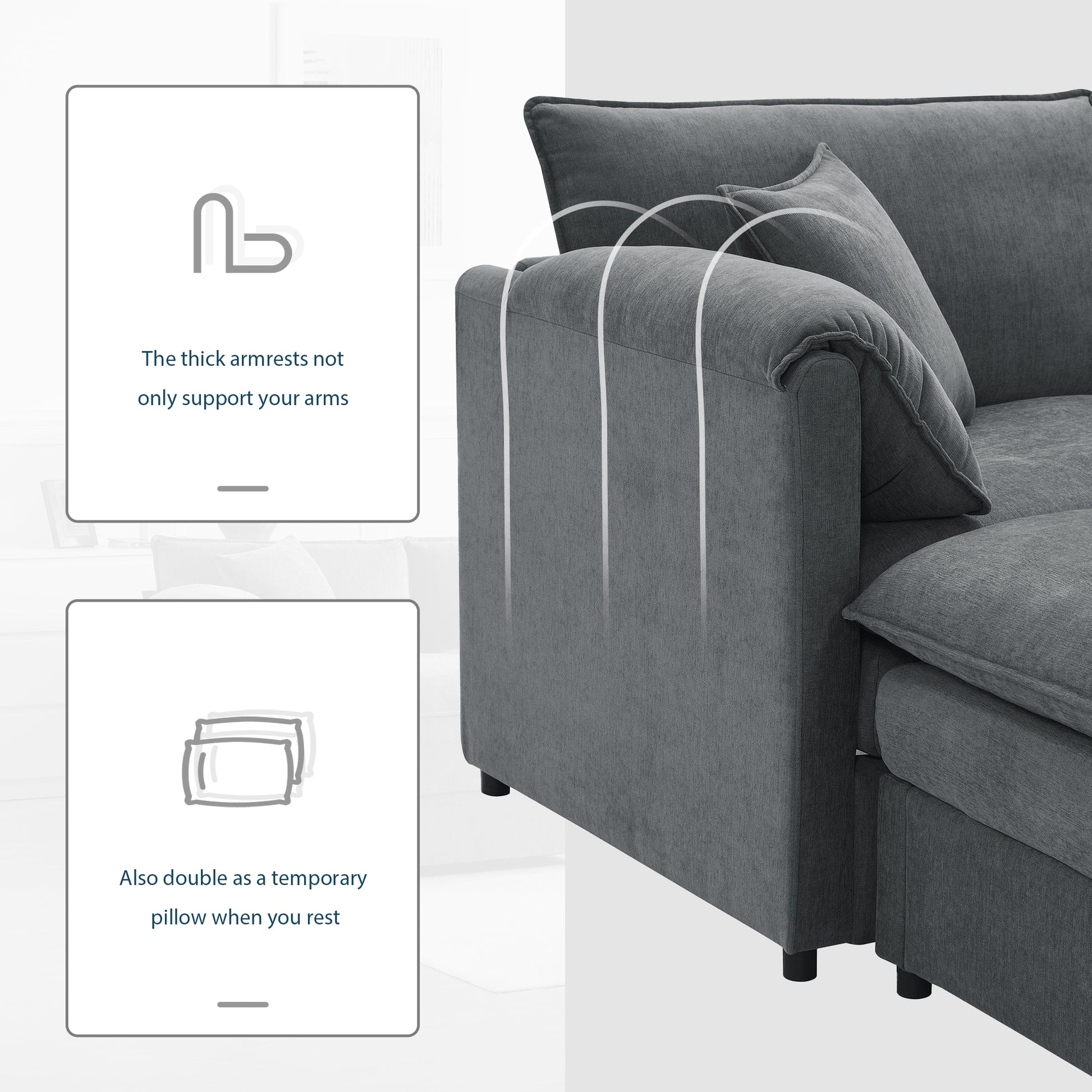 136" Dark Gray Chenille U-Shaped Sectional Sofa with Ottomans