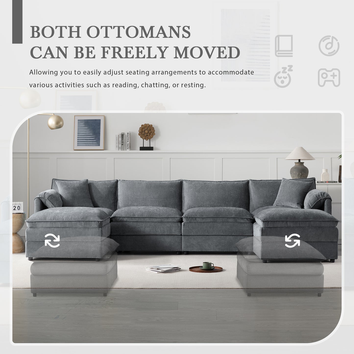 136" Dark Gray Chenille U-Shaped Sectional Sofa with Ottomans