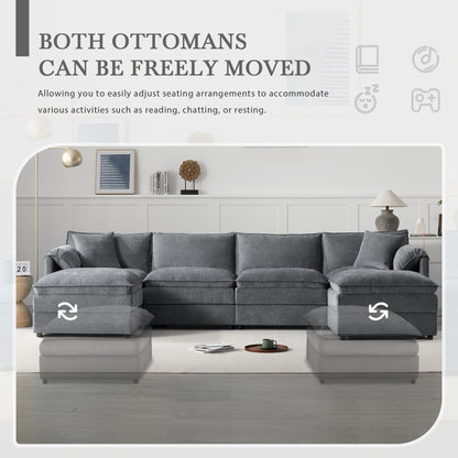 136" Dark Gray Chenille U-Shaped Sectional Sofa with Ottomans