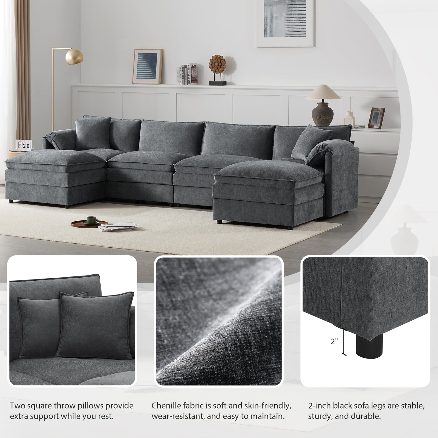 136" Dark Gray Chenille U-Shaped Sectional Sofa with Ottomans
