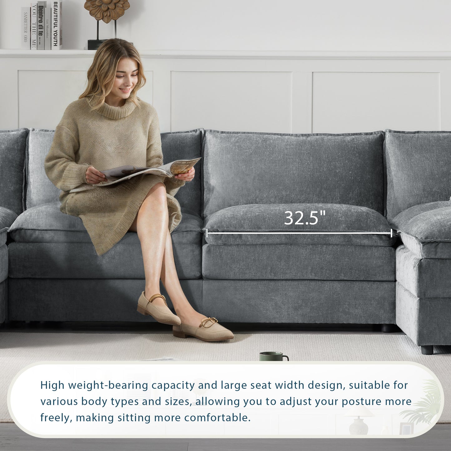 136" Dark Gray Chenille U-Shaped Sectional Sofa with Ottomans