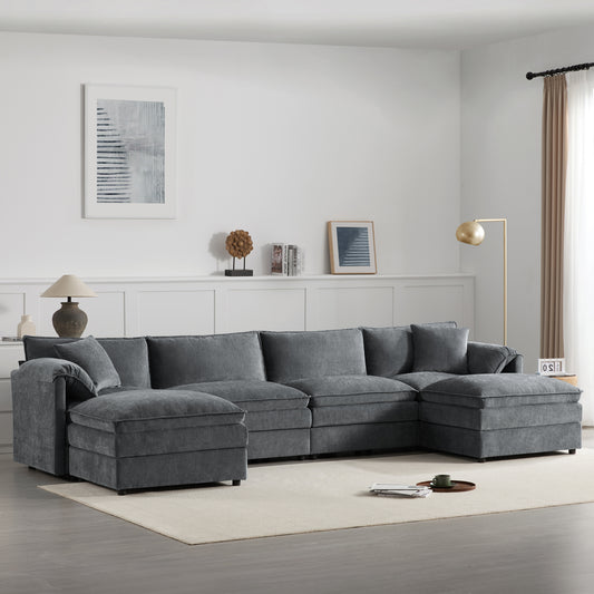 [NEW SKU of N723S1687B]136" Chenille Modular Sectional Sofa with Deep and Wide Seat, U-Shaped Cloud Couch Set with Double Cushions, 6 Seat Sofa with Movable Ottoman, Oversized Indoor Furniture