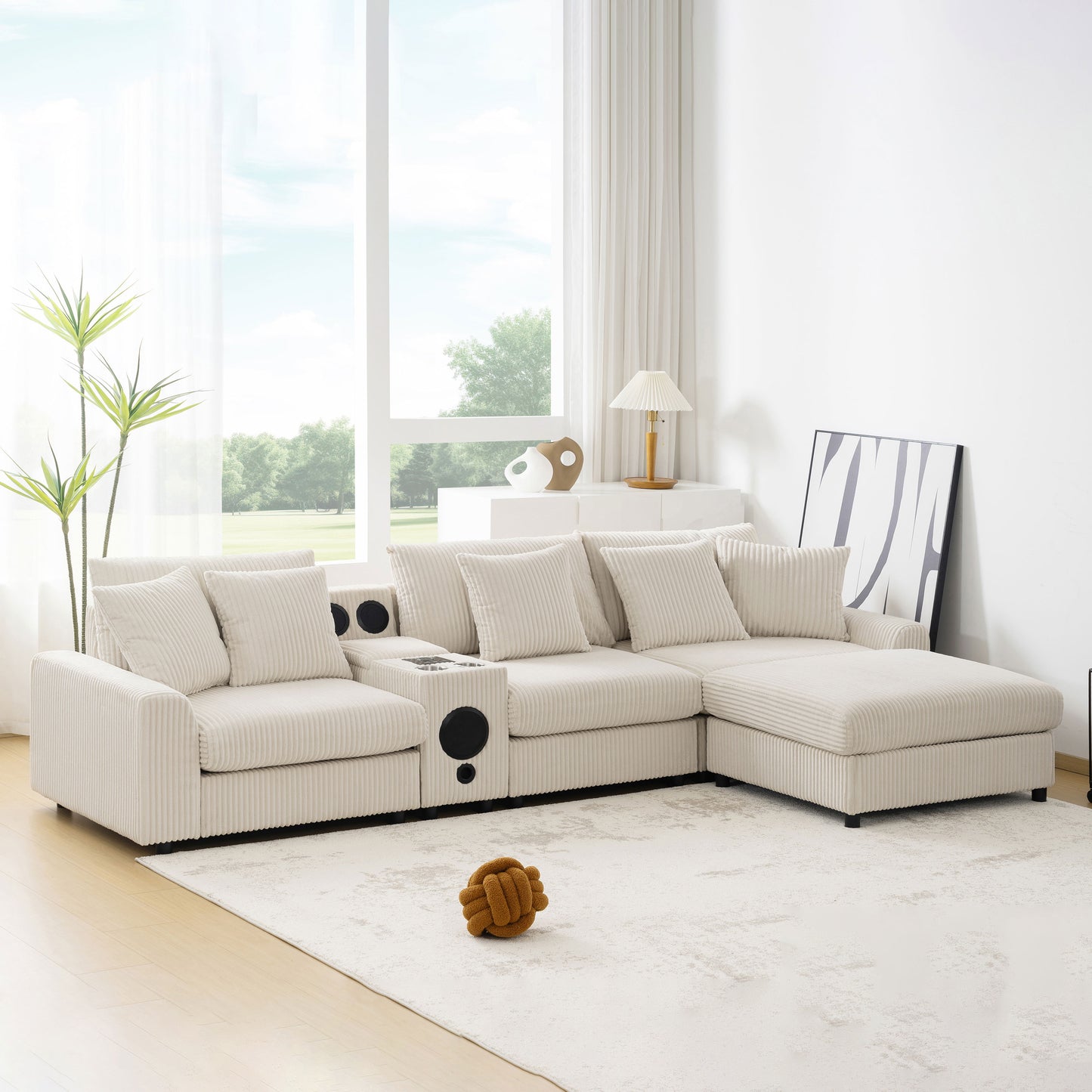 [VIDEO]112*64'' Corduroy Sectional Sofa with Bluetooth Speakers,L-Shaped Couch with Console,USB Charger,Cup Holders,Storage,Ottoman,Deep and Wide Seat Cloud Sofa for Living Room&Apartment,2 Colors