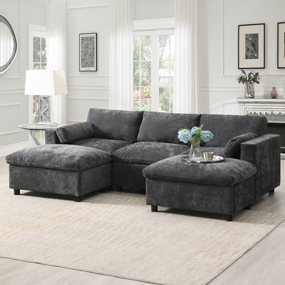 84.5'' Modular Sectional Sofa with Storage Pockets, 5 Seat U Shaped Chenille Couch Set with Pillows, Free Combination Modern Cloud Sofa with Movable Ottoman