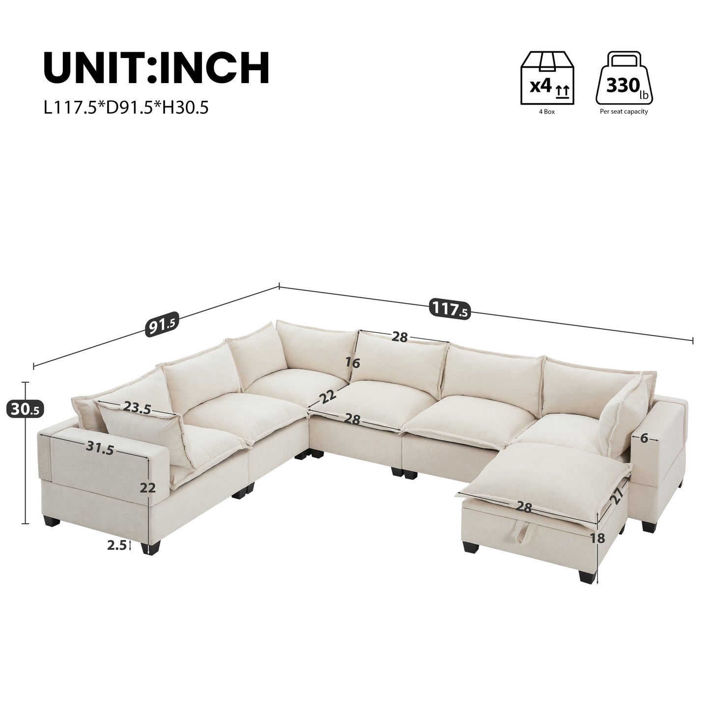 7 Seat Beige Chenille Sectional Sofa with Storage Ottoman for Living Room