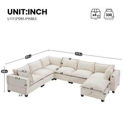 7 Seat Beige Chenille Sectional Sofa with Storage Ottoman for Living Room