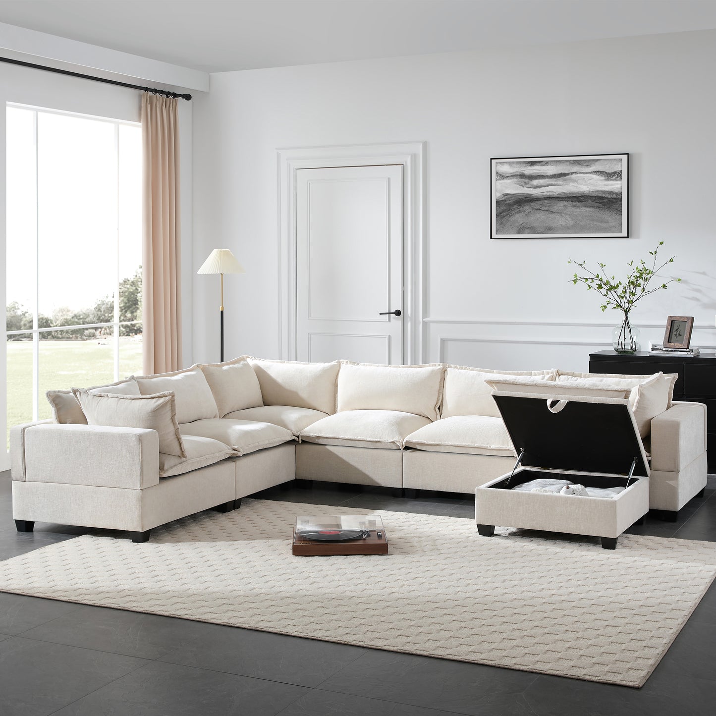 7 Seat Beige Chenille Sectional Sofa with Storage Ottoman for Living Room