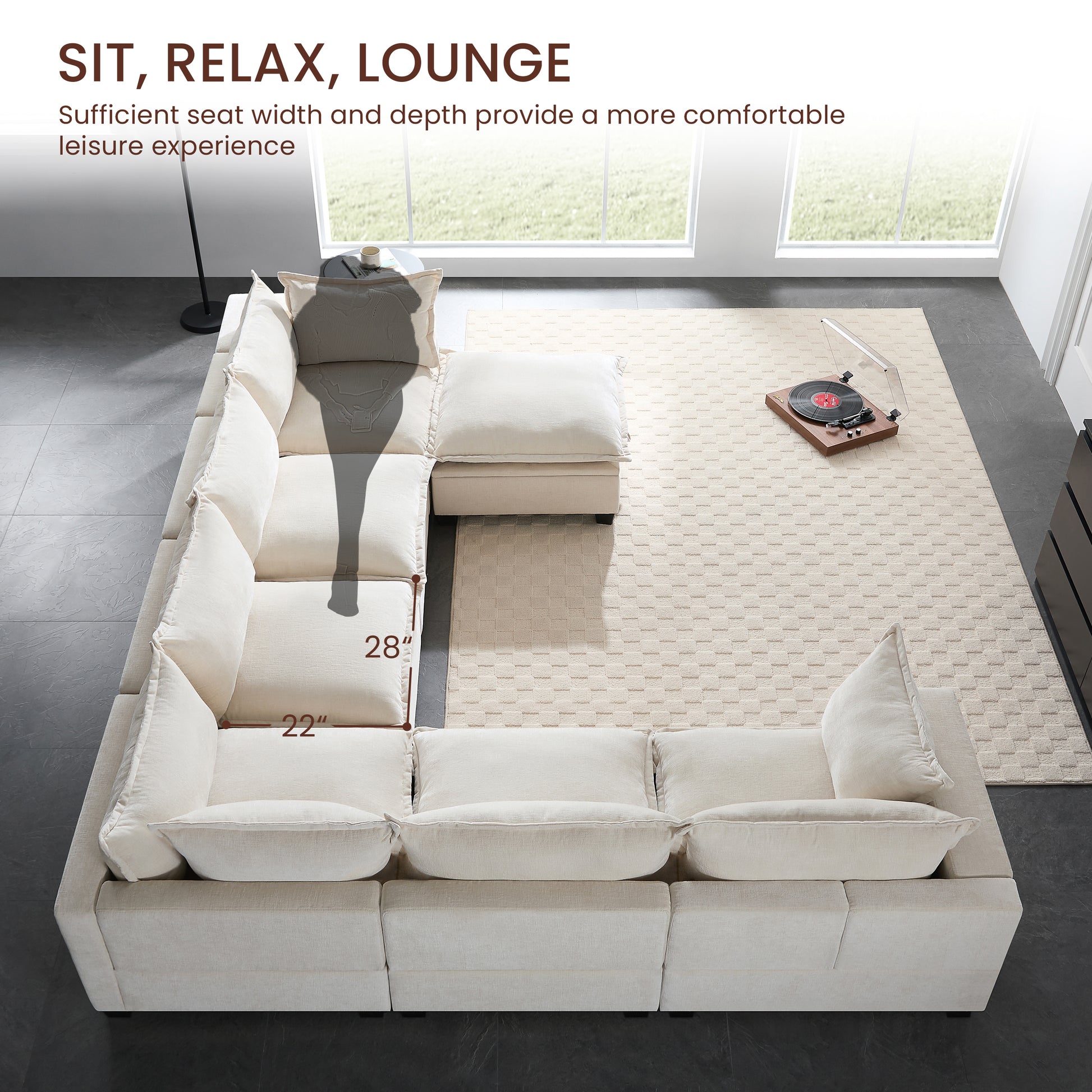 7 Seat Beige Chenille Sectional Sofa with Storage Ottoman for Living Room