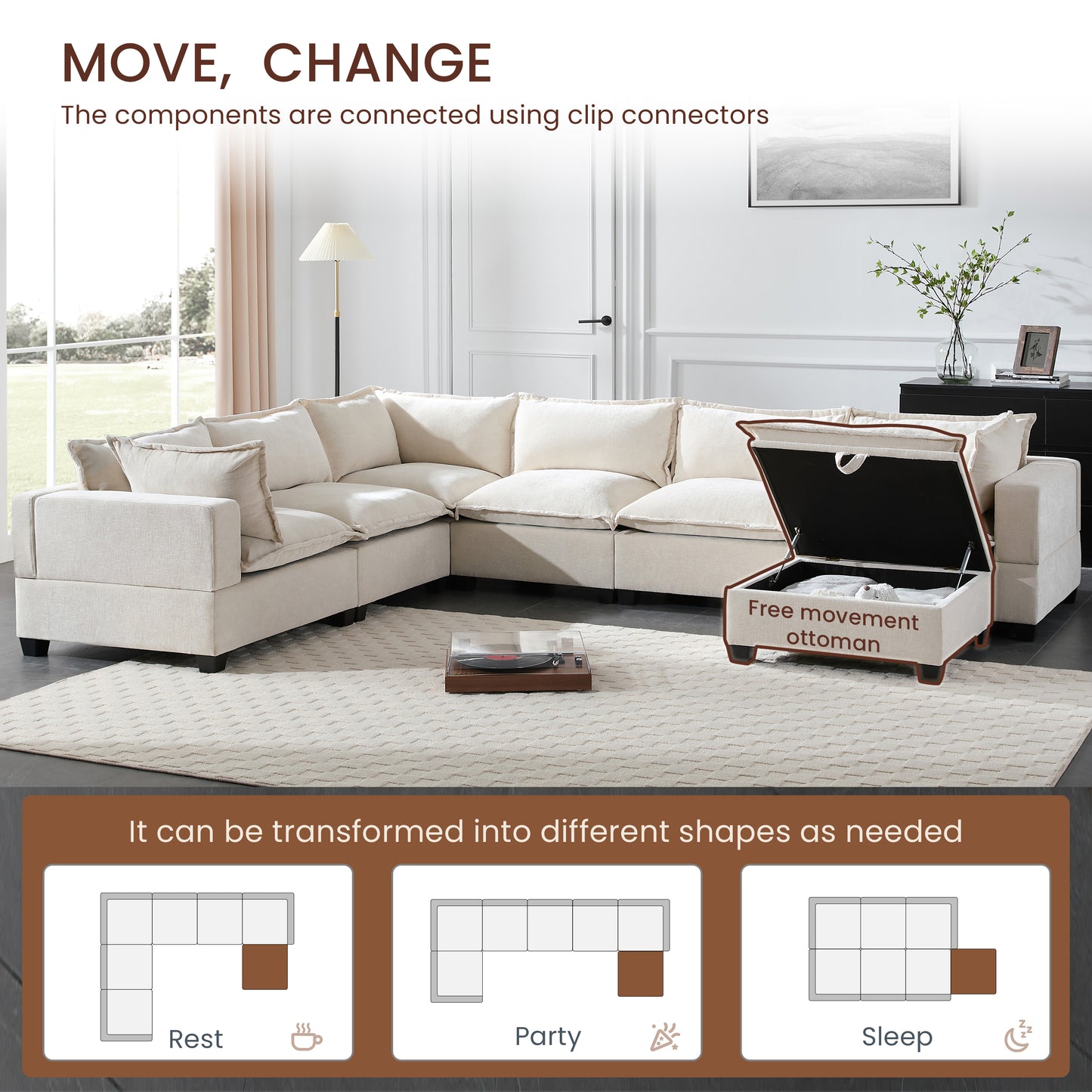 7 Seat Beige Chenille Sectional Sofa with Storage Ottoman for Living Room