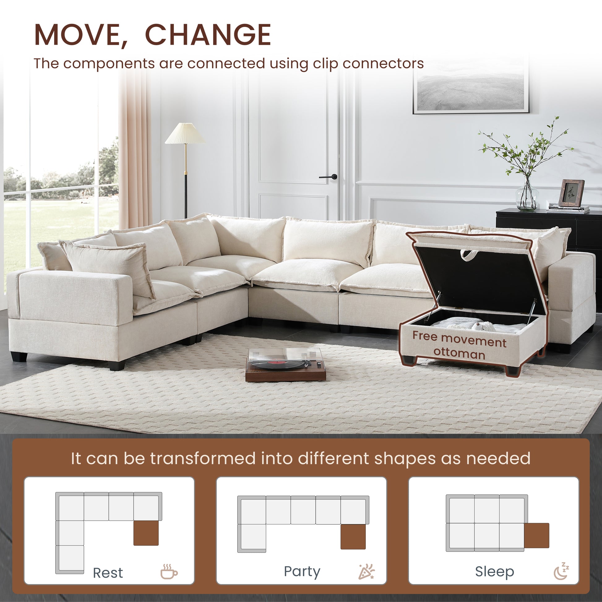 7 Seat Beige Chenille Sectional Sofa with Storage Ottoman for Living Room
