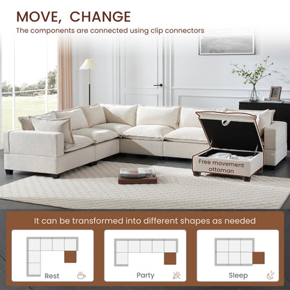 7 Seat Beige Chenille Sectional Sofa with Storage Ottoman for Living Room