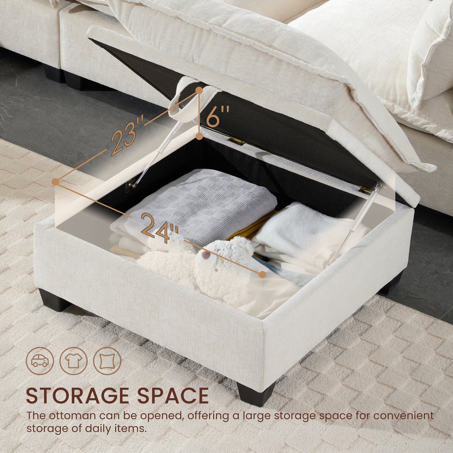 7 Seat Beige Chenille Sectional Sofa with Storage Ottoman for Living Room