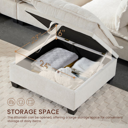 7 Seat Beige Chenille Sectional Sofa with Storage Ottoman for Living Room