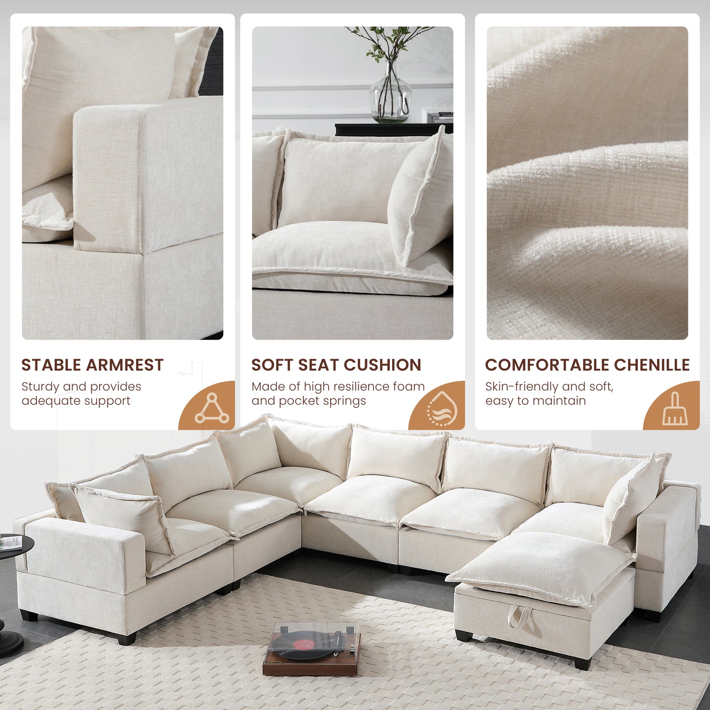 7 Seat Beige Chenille Sectional Sofa with Storage Ottoman for Living Room