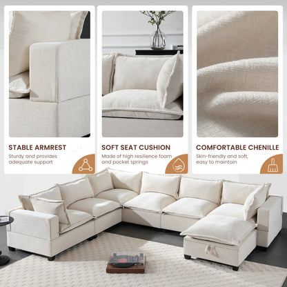 7 Seat Beige Chenille Sectional Sofa with Storage Ottoman for Living Room