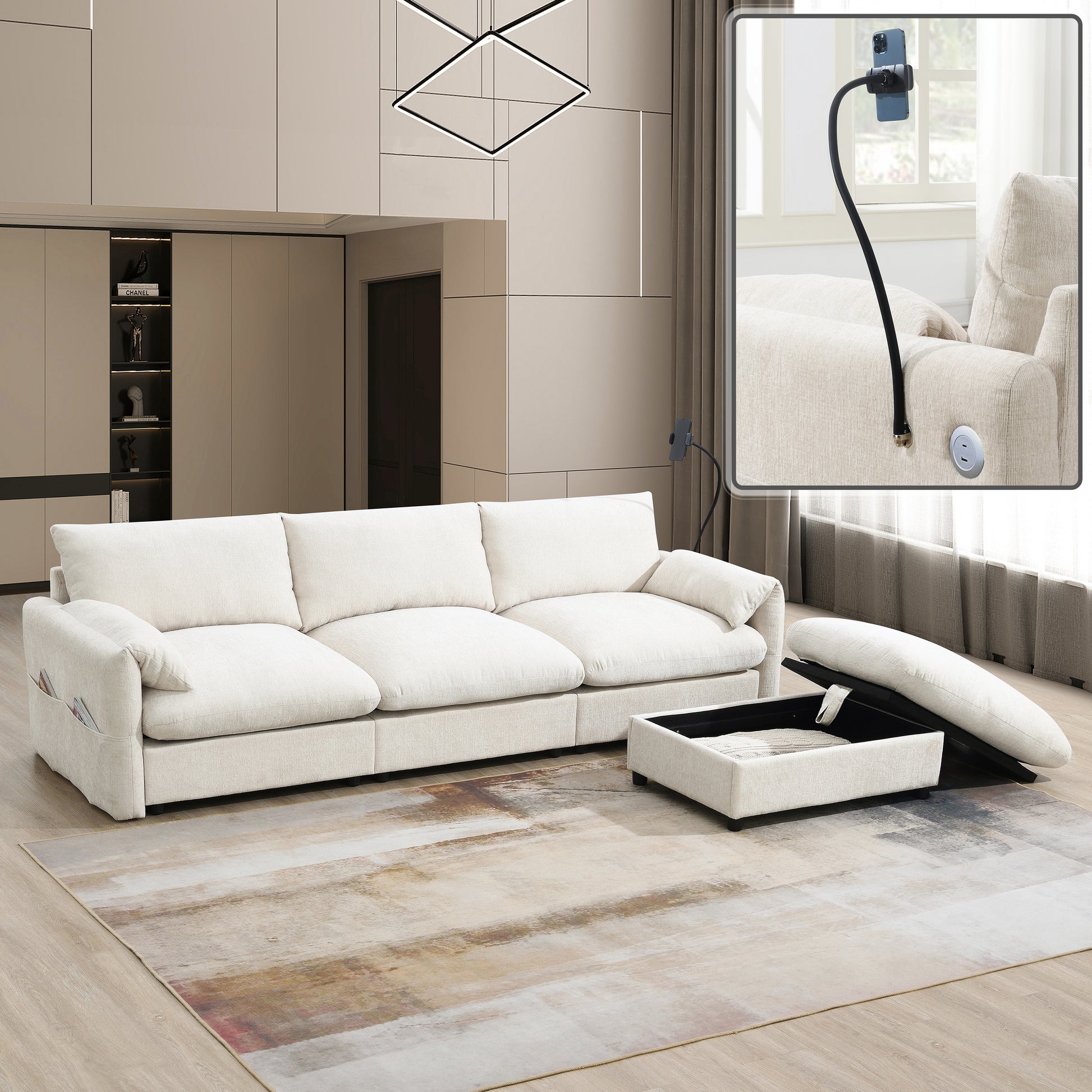 [VIDEO]96.5'' L-Shaped Sectional Sofa with Storage Ottoman and Pockets, Adjustable Phone Holder, USB Charger, Elephant Ear-Shaped Armrests, Comfy Seat for Living Room&Apartment, Chenille, 3 Colors