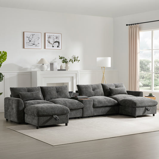 [VIDEO]136'' Modular Sectional Sofa with Console, Cup Holder, USB Charger, Movable Storage Ottoman, Pull-line&Tufted Design, U-Shaped Oversized Chenille Sofa for Living Room&Apartment,2 Colors