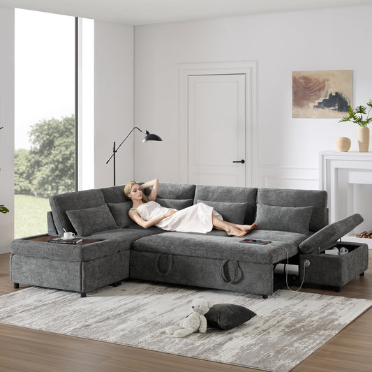 6 Seat Gray Chenille Sleeper Sectional Sofa Bed for Living Room