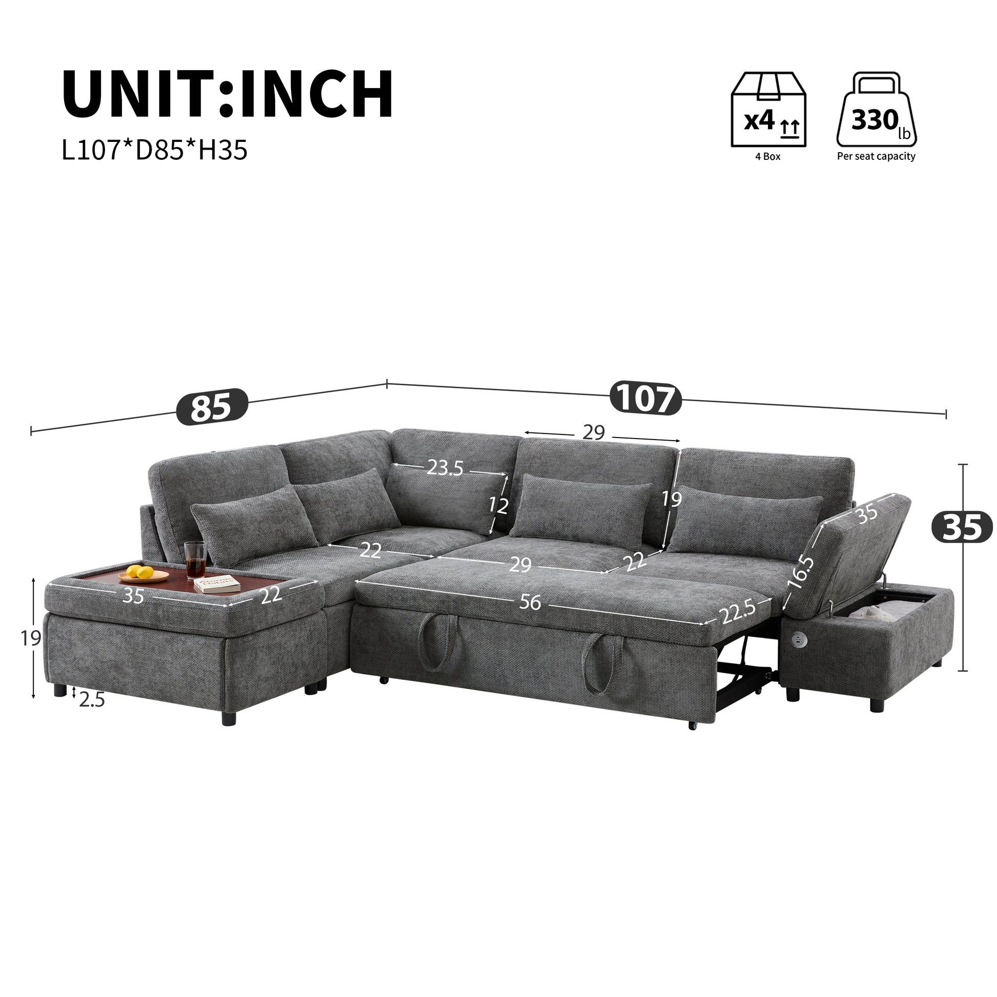 6 Seat Gray Chenille Sleeper Sectional Sofa Bed for Living Room