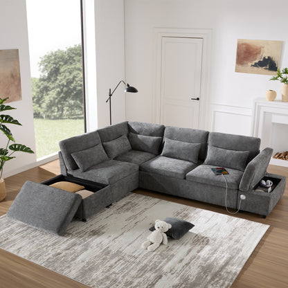 6 Seat Gray Chenille Sleeper Sectional Sofa Bed for Living Room