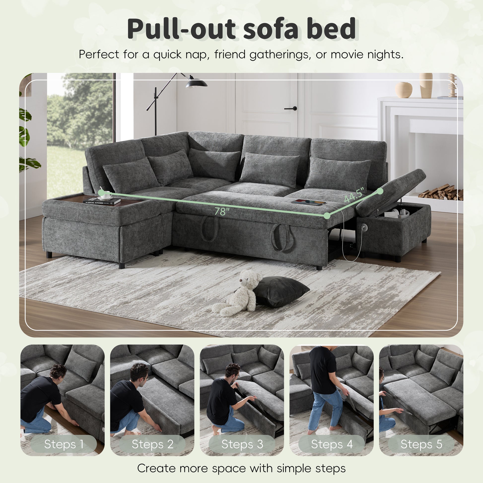 6 Seat Gray Chenille Sleeper Sectional Sofa Bed for Living Room