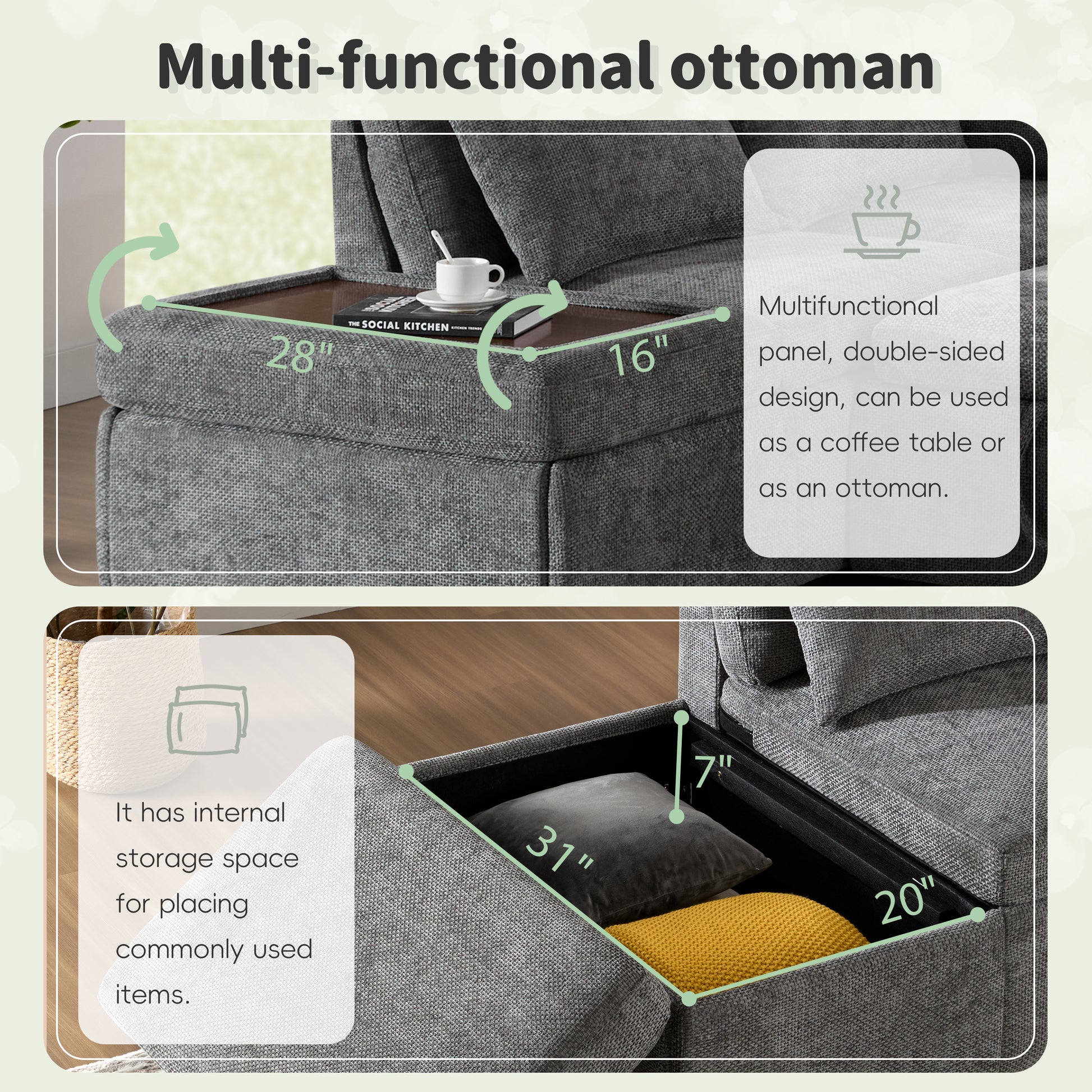 6 Seat Gray Chenille Sleeper Sectional Sofa Bed for Living Room