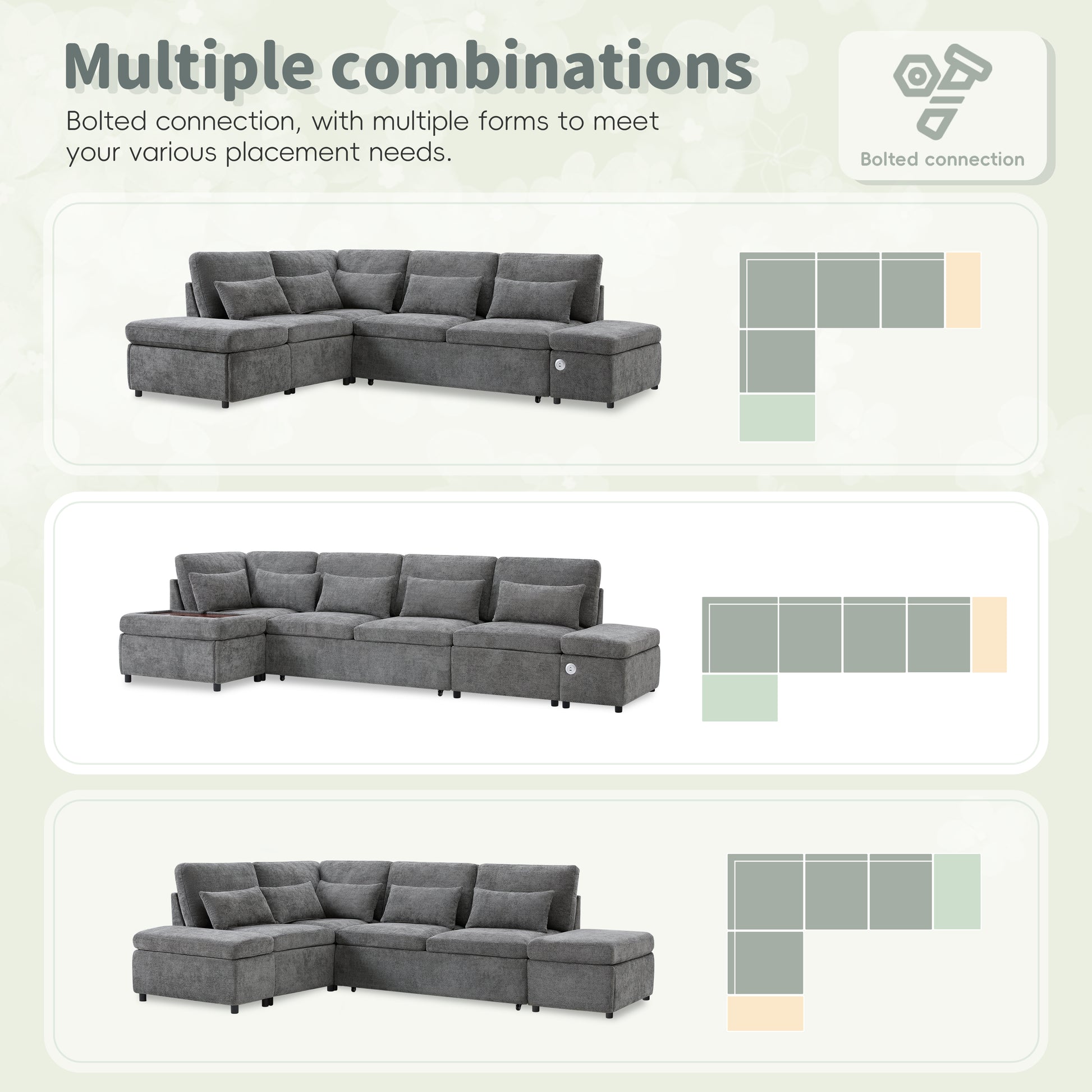 6 Seat Gray Chenille Sleeper Sectional Sofa Bed for Living Room
