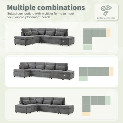 6 Seat Gray Chenille Sleeper Sectional Sofa Bed for Living Room