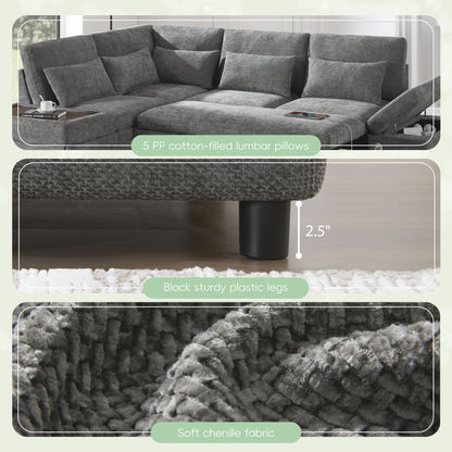 6 Seat Gray Chenille Sleeper Sectional Sofa Bed for Living Room
