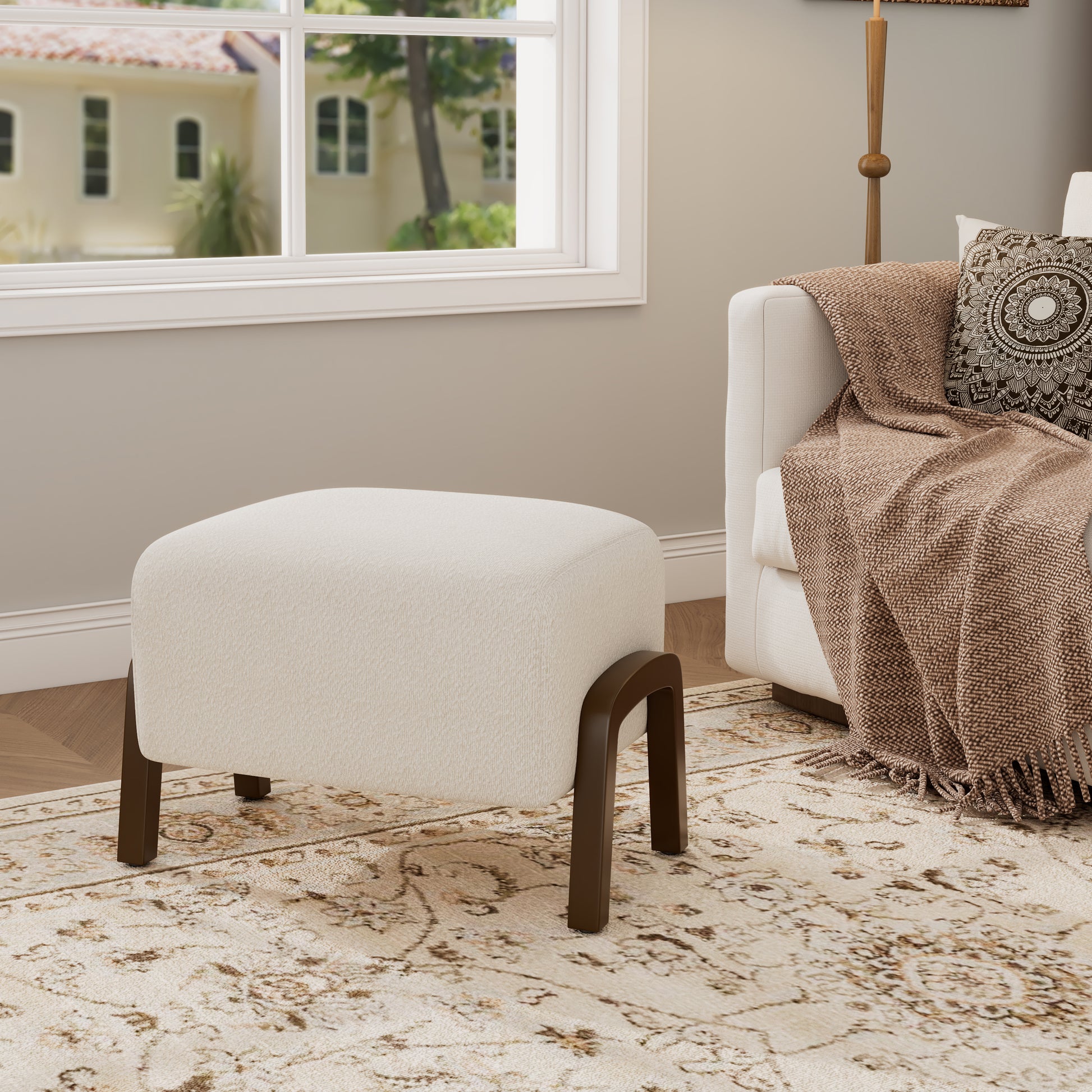 Upholstered Ottoman, Wooden Legs, White, Boucle