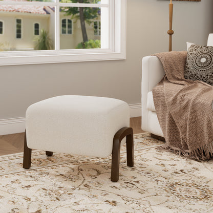 Upholstered Ottoman, Wooden Legs, White, Boucle