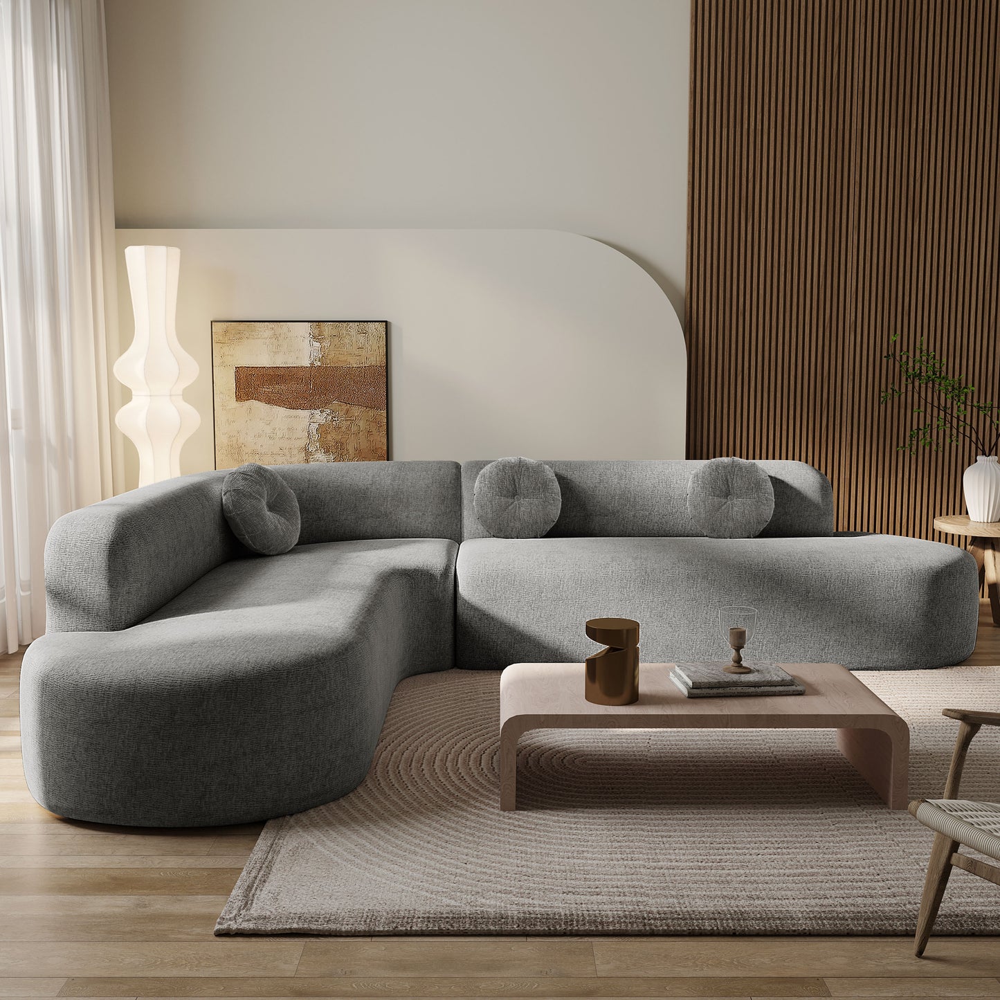 Grey Polyester 4 Seat Corner Sectional Sofa for Living Room