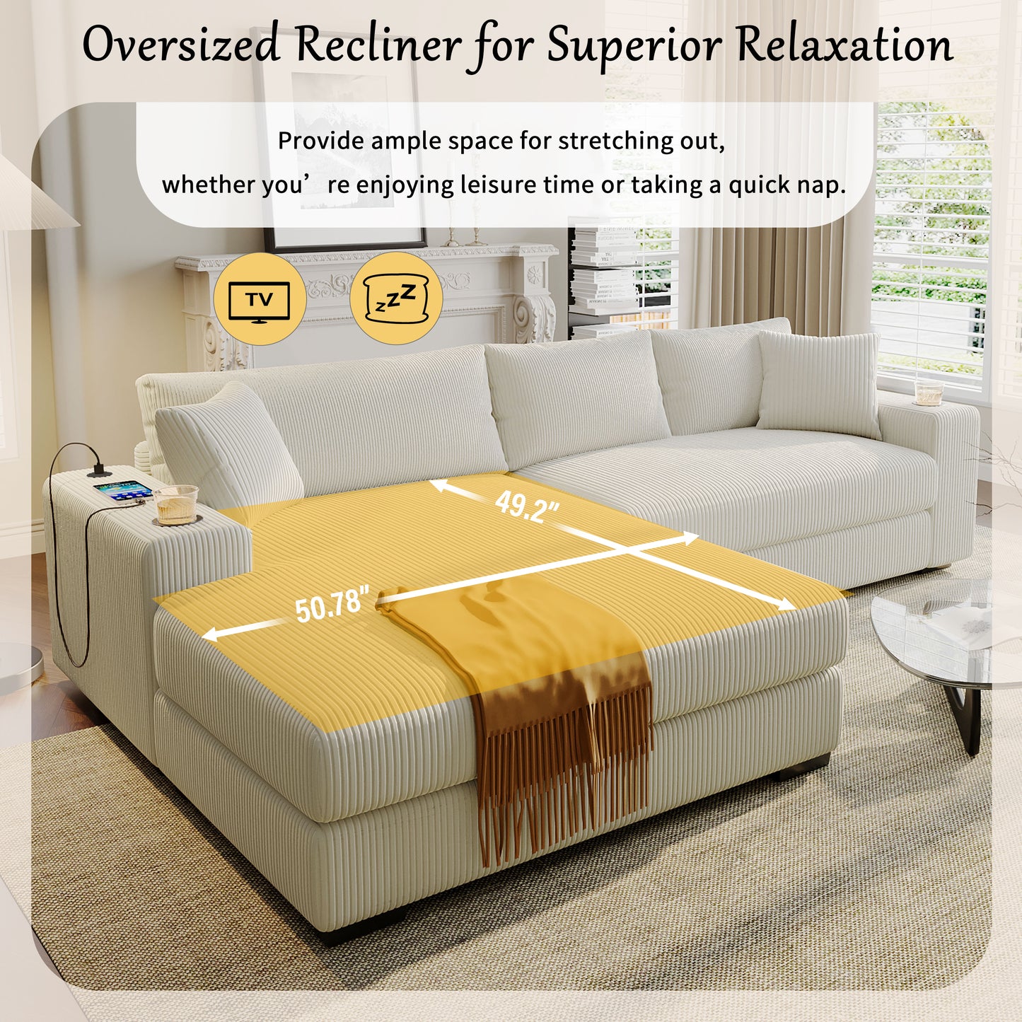 Large Beige Corduroy Sectional Sofa - 3 Seats with Charging Ports