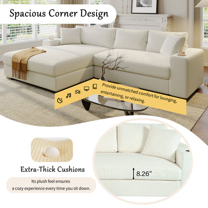 Large Beige Corduroy Sectional Sofa - 3 Seats with Charging Ports