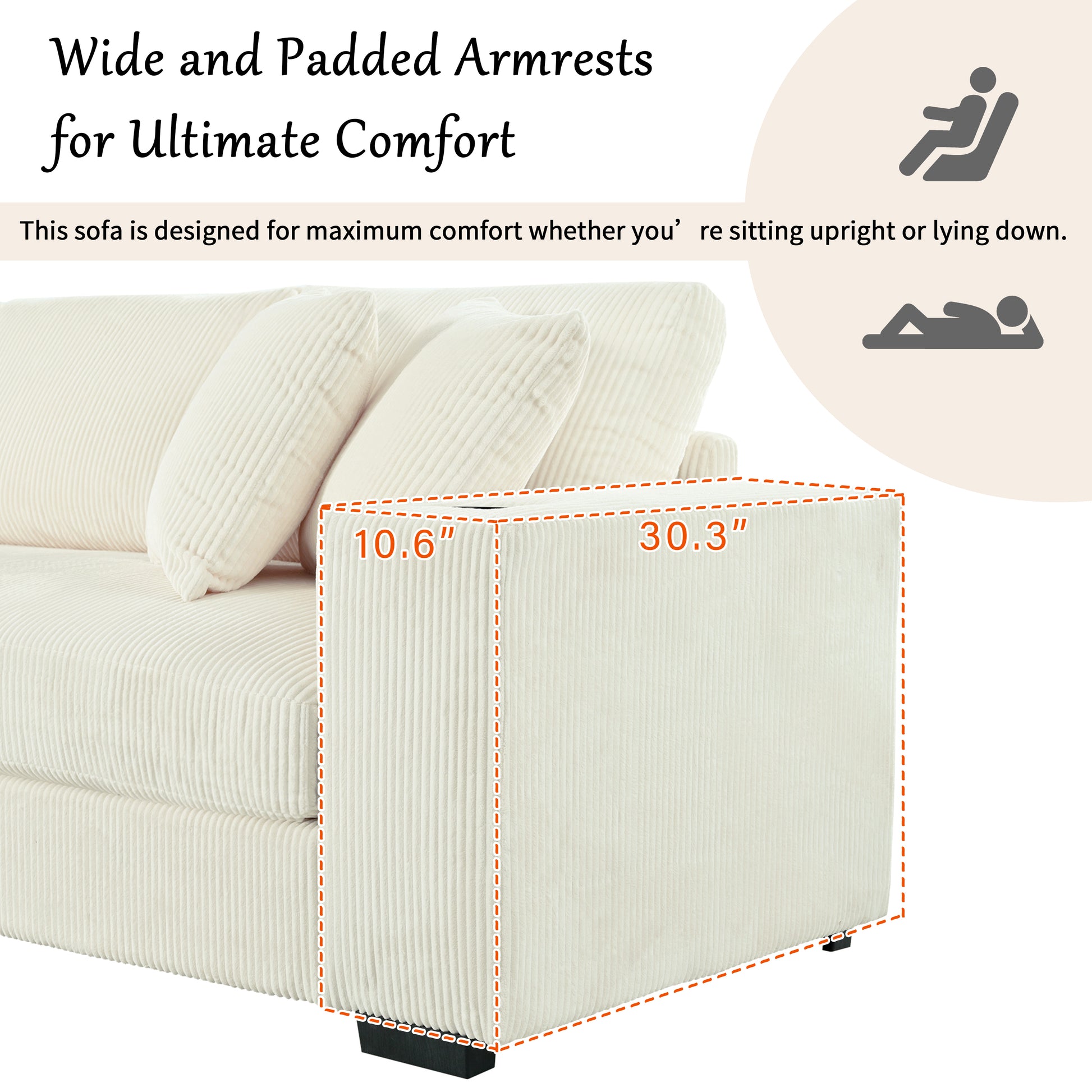 Large Beige Corduroy Sectional Sofa - 3 Seats with Charging Ports