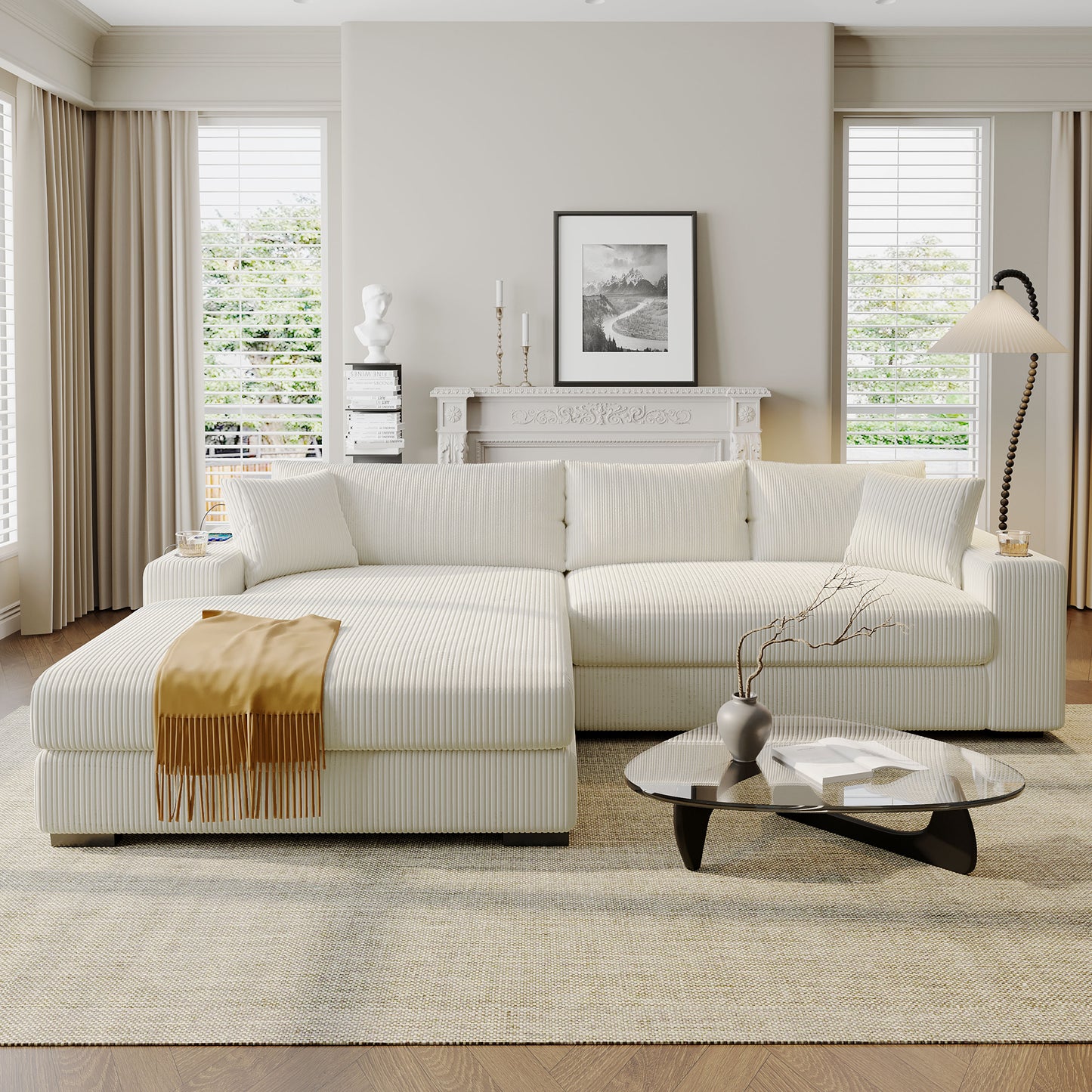 Large Beige Corduroy Sectional Sofa - 3 Seats with Charging Ports